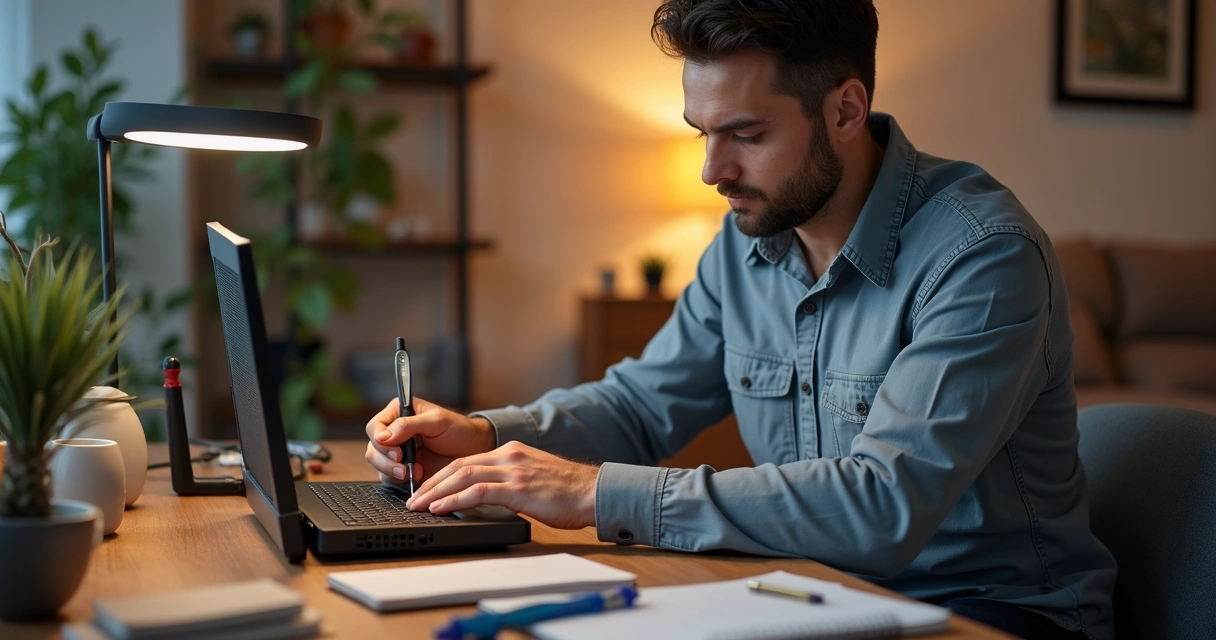 Técnico de internet consertando roteador em uma mesa doméstica.