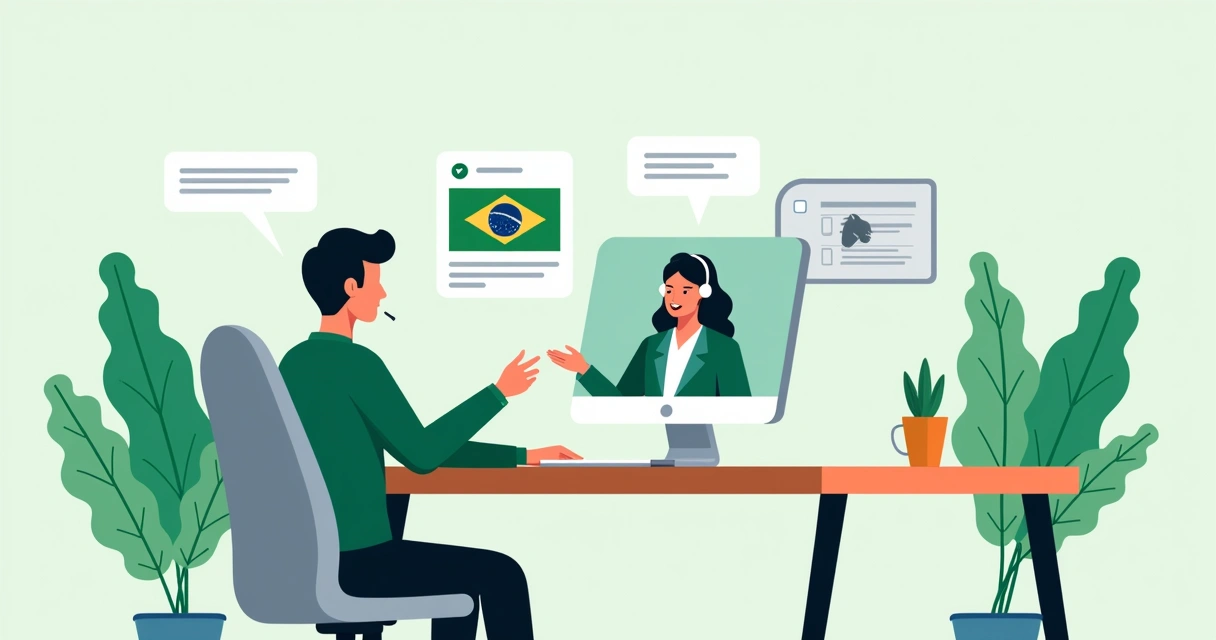 Pessoa recebendo suporte técnico em português no computador 