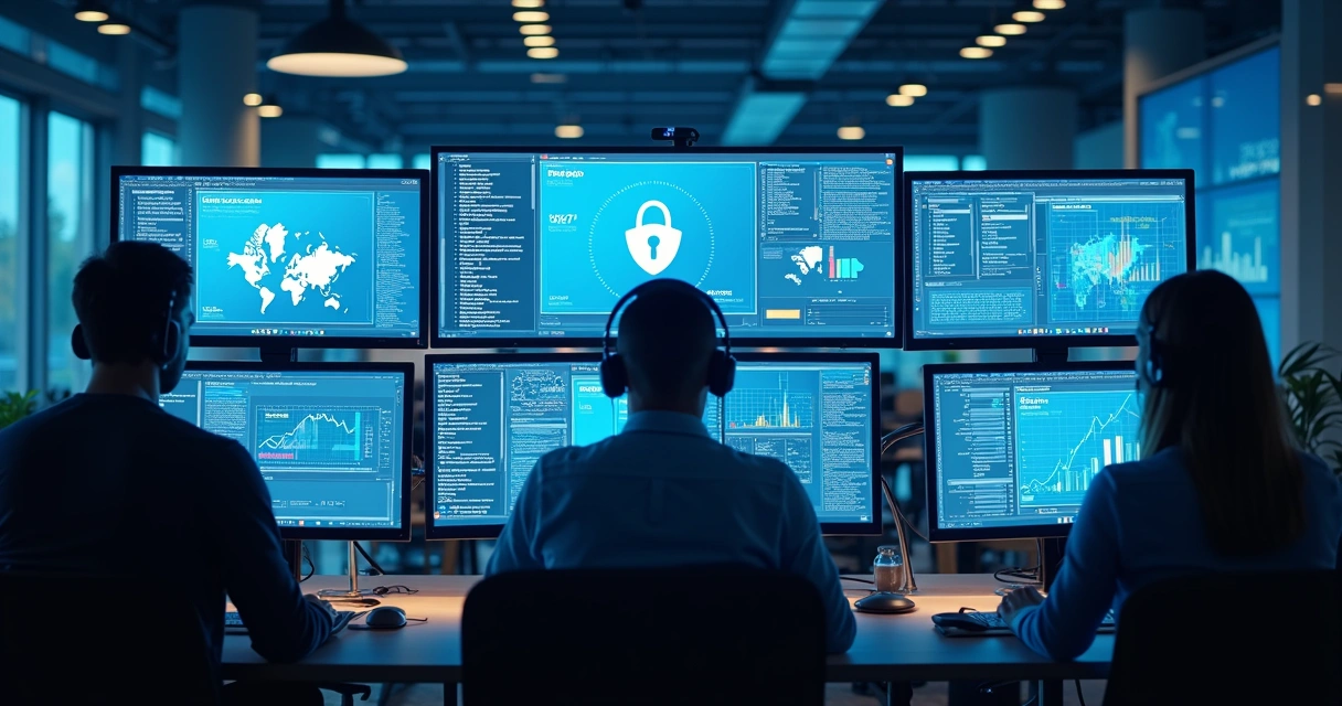 Equipe de suporte técnico monitorando segurança e desempenho de site 