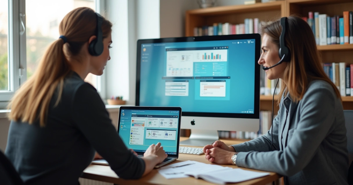 Profissional de marketing orientando cliente ao computador 