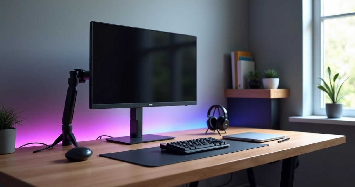 Suporte articulado de monitor preso em mesa de madeira com setup organizado 
