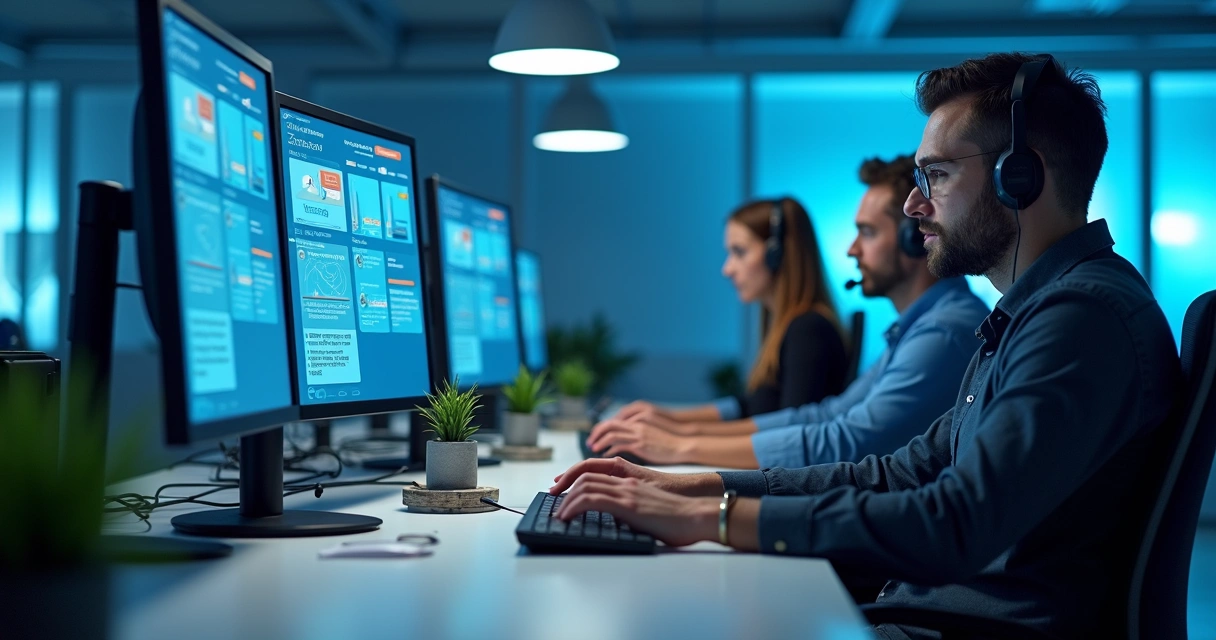 Equipe de suporte técnico monitorando dispositivos móveis