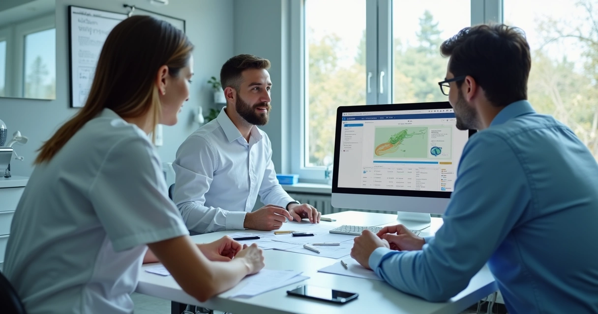 Equipe de clínica odontológica reunida, consultando computador com tela de sistema digital 