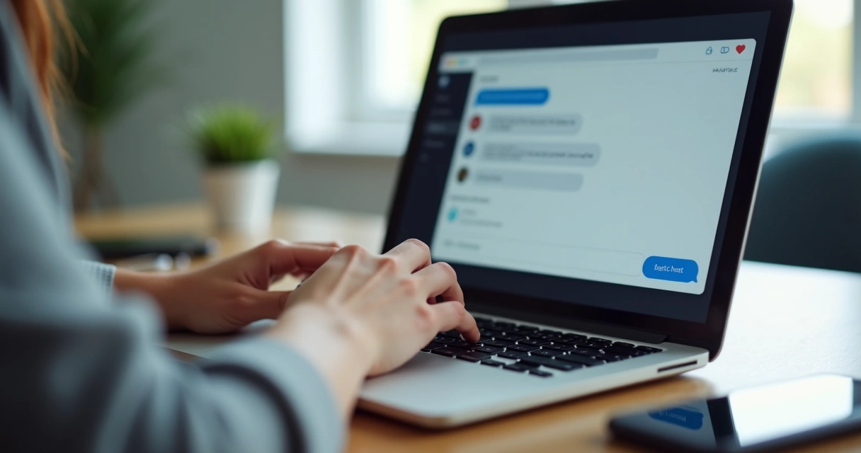 Mão feminina digitando mensagem em chat ao vivo no notebook