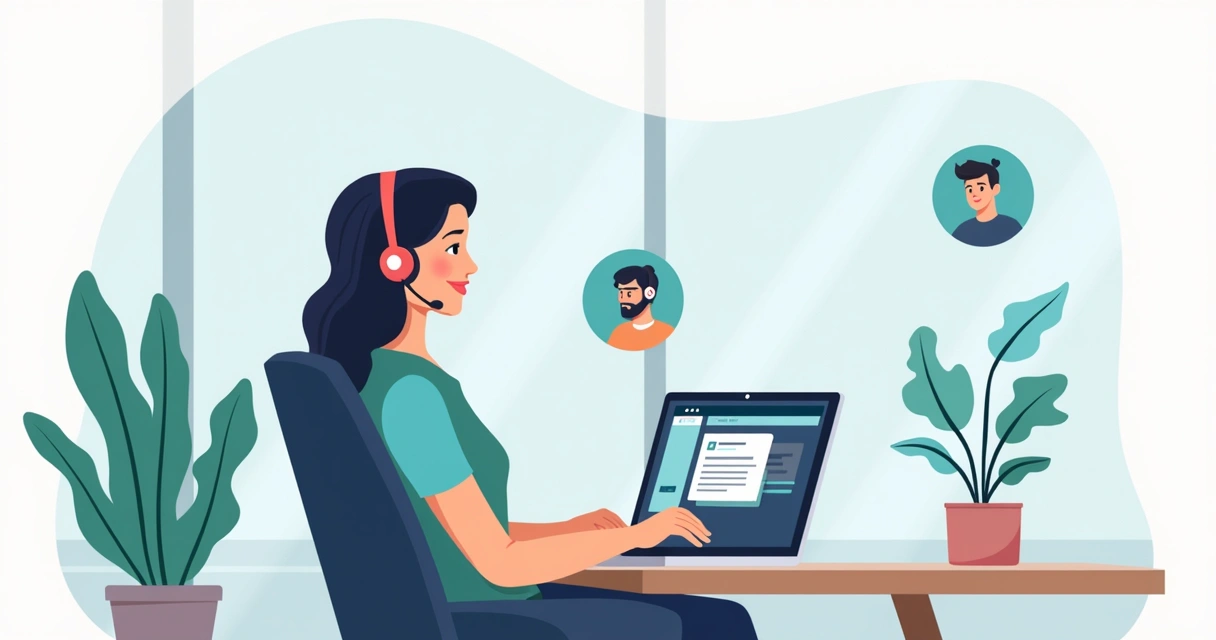 Suporte técnico auxiliando webdesigner via chat, tela de notebook com interface de suporte aberta, ambiente claro e organizado 