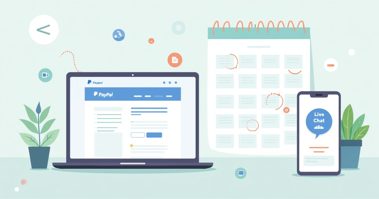 Ambiente de suporte digital com laptop e smartphone mostrando a assistência do PayPal em um espaço organizado.
