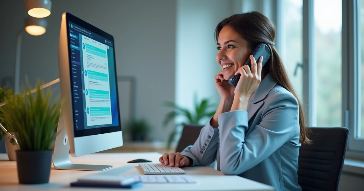 Profissional jurídica ao telefone recebendo suporte técnico, tela de computador com chat de atendimento aberto 