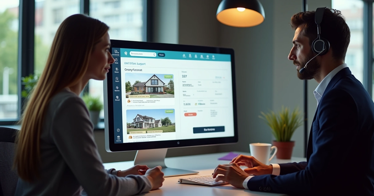 Atendente e usuário discutem detalhes de imóvel em tela de computador 