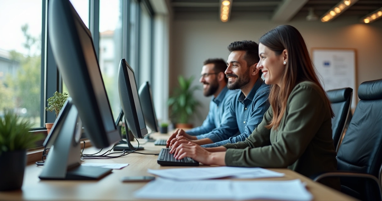 Profissional de TI orientando funcionários em computadores após implantação de ERP 