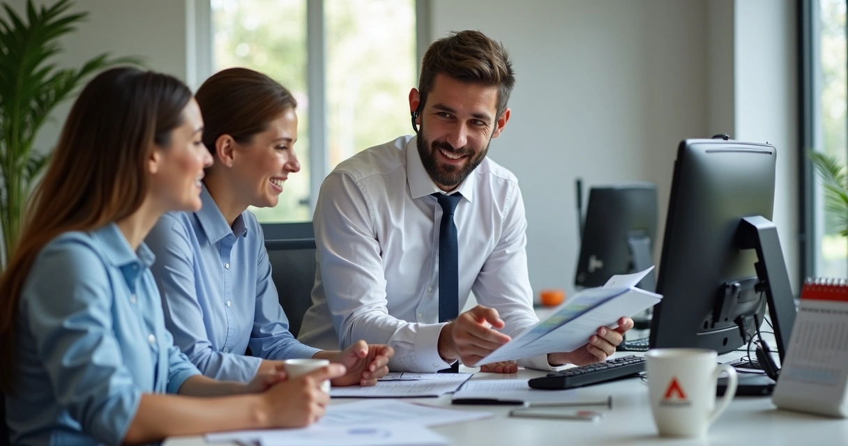 Profissional de TI fazendo visita em escritório de contabilidade, conversando com equipe 