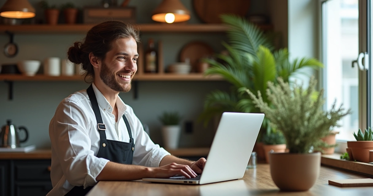 Suporte técnico em atendimento remoto a dono de restaurante pequeno, ambos sorrindo em vídeo chamada
