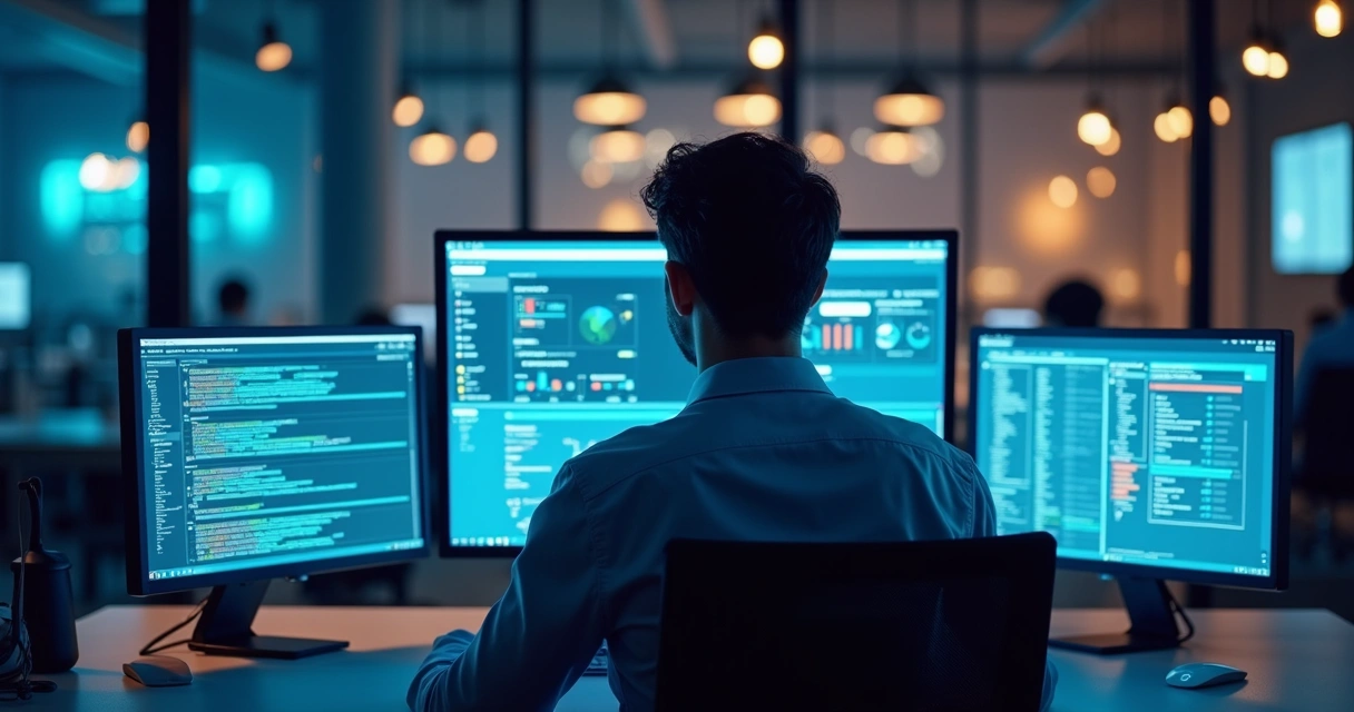 Técnico acompanha atendimentos automatizados em monitores 