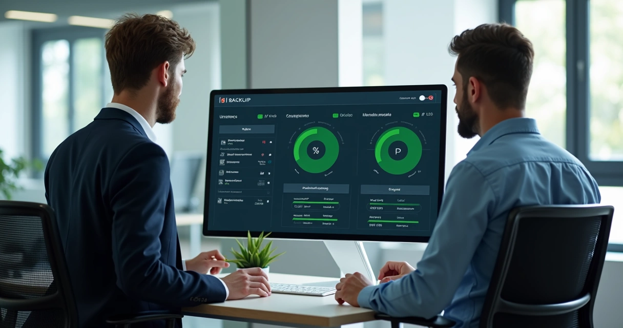 Especialista de suporte técnico auxiliando gestor em painel de backup corporativo