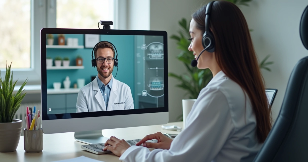 Profissional prestando suporte para clínica odontológica por videoconferência 