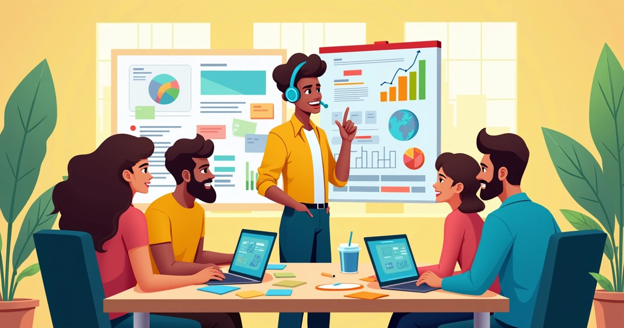 Ilustração de um técnico de suporte ajudando desenvolvedores em uma mesa moderna de trabalho.