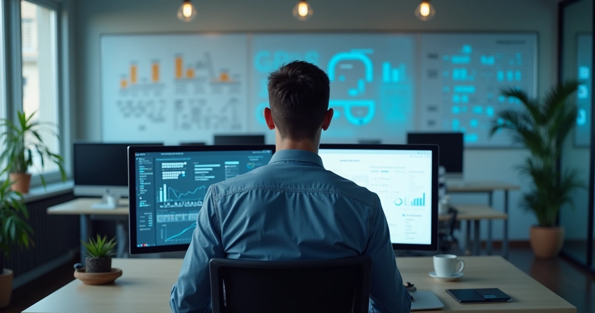 Especialista de TI analisando painel de site em dois monitores 