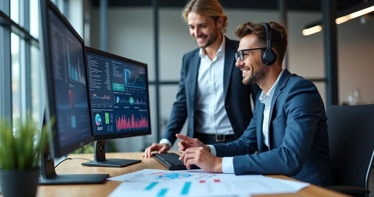 Atendente de suporte técnico auxiliando gestor no uso do ERP para gestão