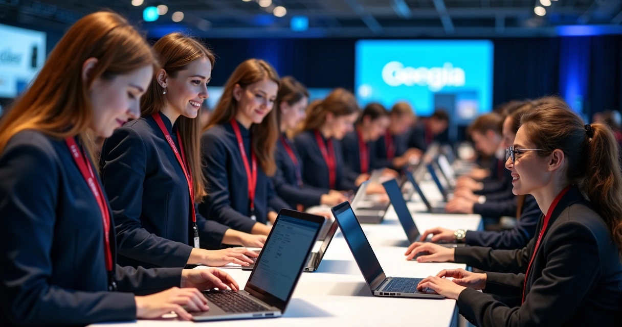 Equipe de suporte técnico ajudando pessoas com equipamentos em um evento empresarial 