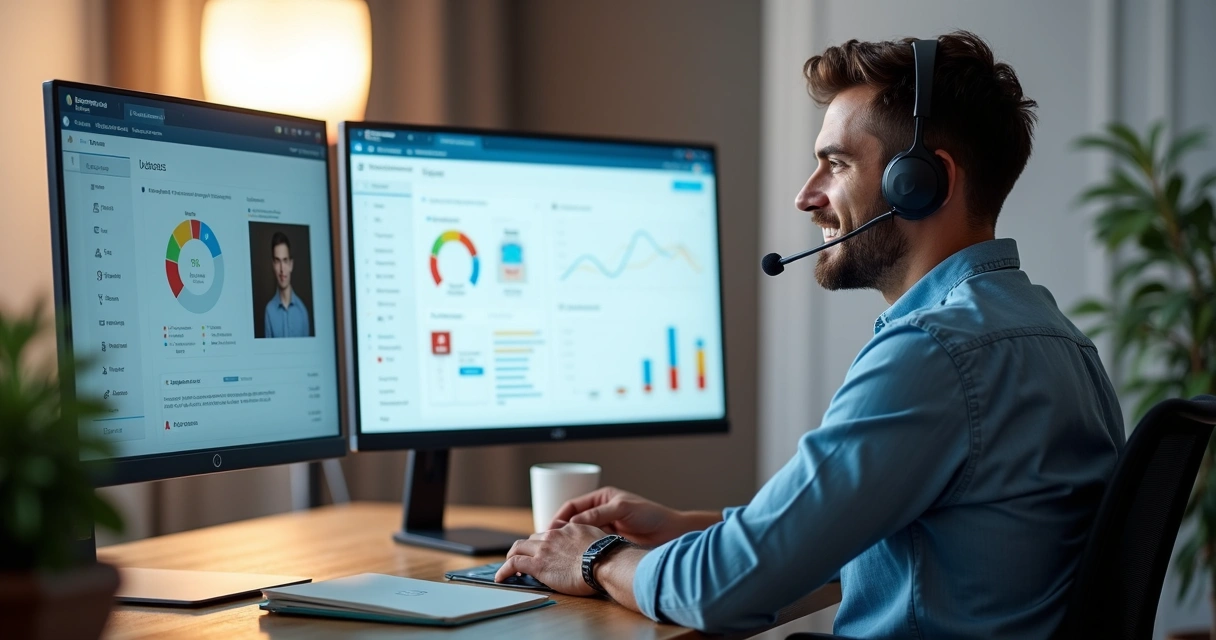 Profissional de suporte técnico ajudando cliente em chamada de vídeo diante de painel do WordPress 