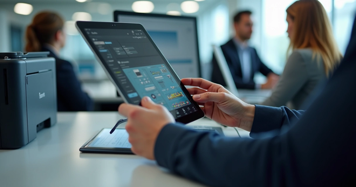 Técnico fazendo manutenção em impressora empresarial 