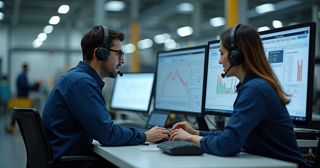 Analista de suporte técnico ajudando operador industrial em frente ao computador 