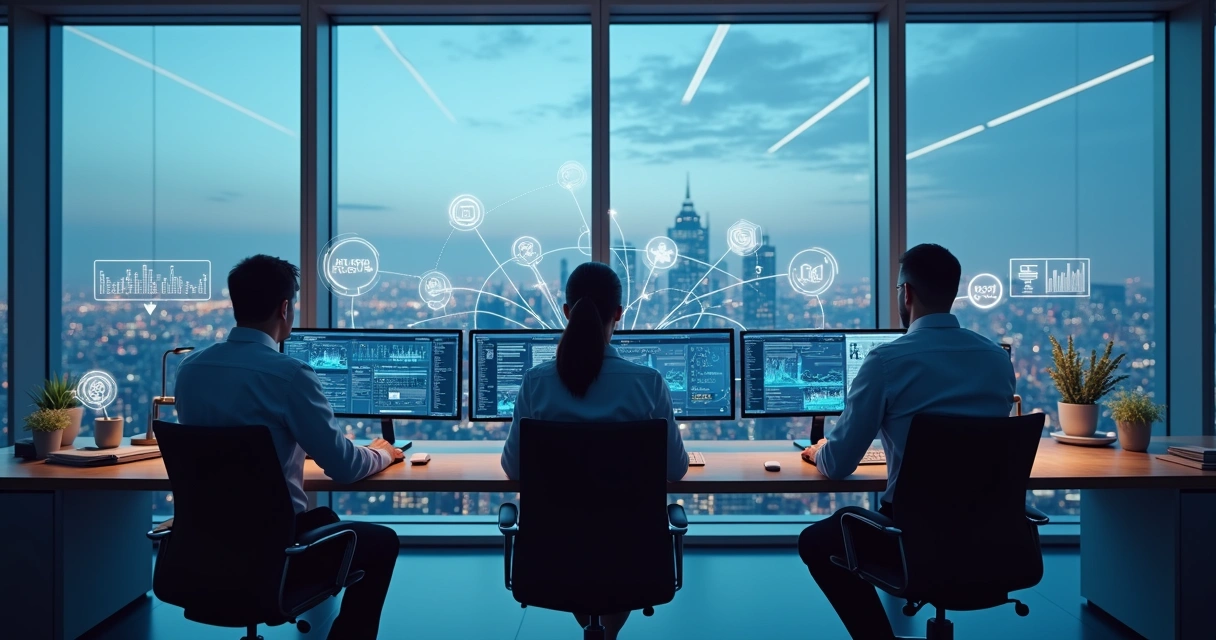 Equipe de suporte jurídico trabalhando em computadores com gráficos na tela 