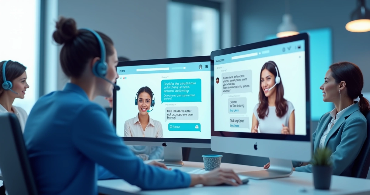 Equipe técnica atendendo clientes por diferentes canais em telas digitais