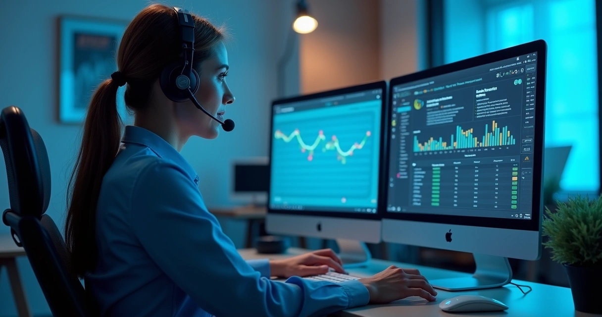 Especialista em suporte analisando dashboard de pagamentos em um escritório moderno. 