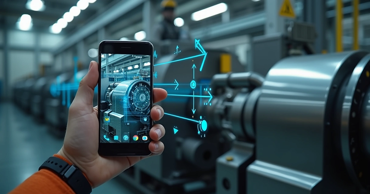 Cliente aponta celular para máquina industrial e vê pistas digitais de manutenção 