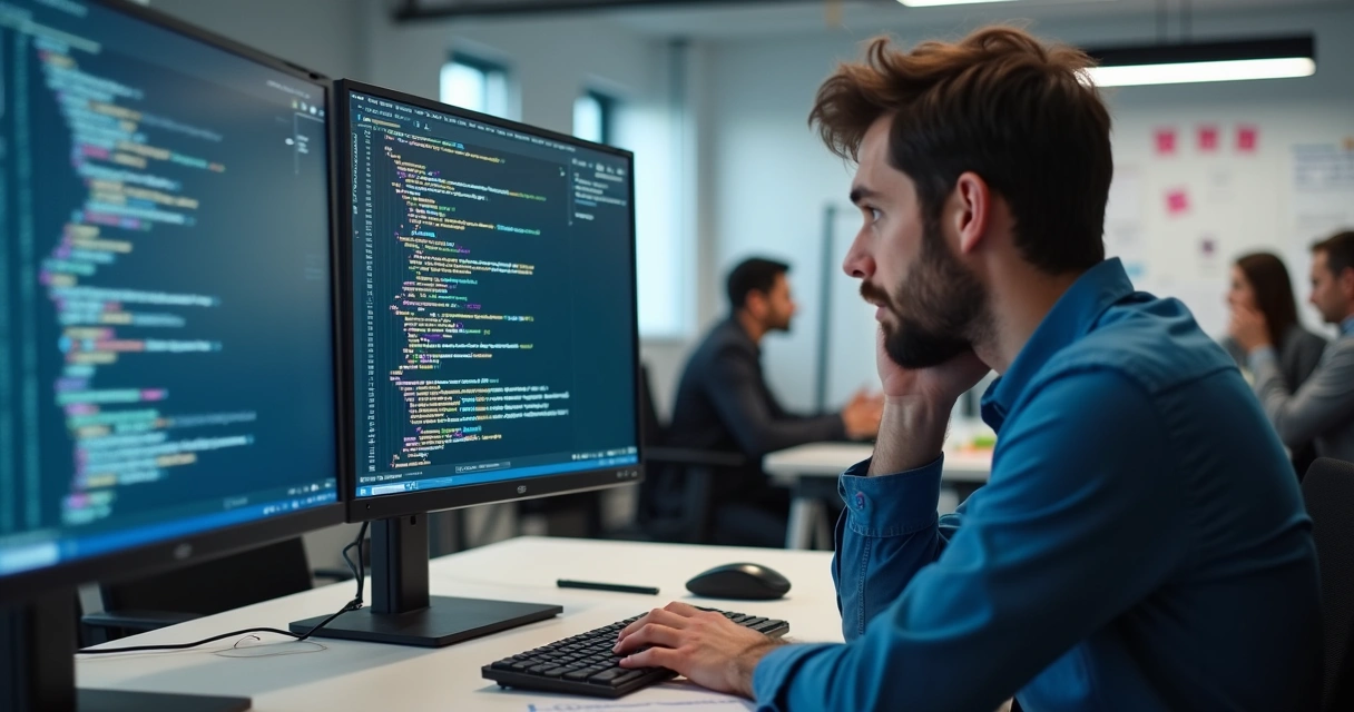 Técnico analisando código antigo em escritório moderno 