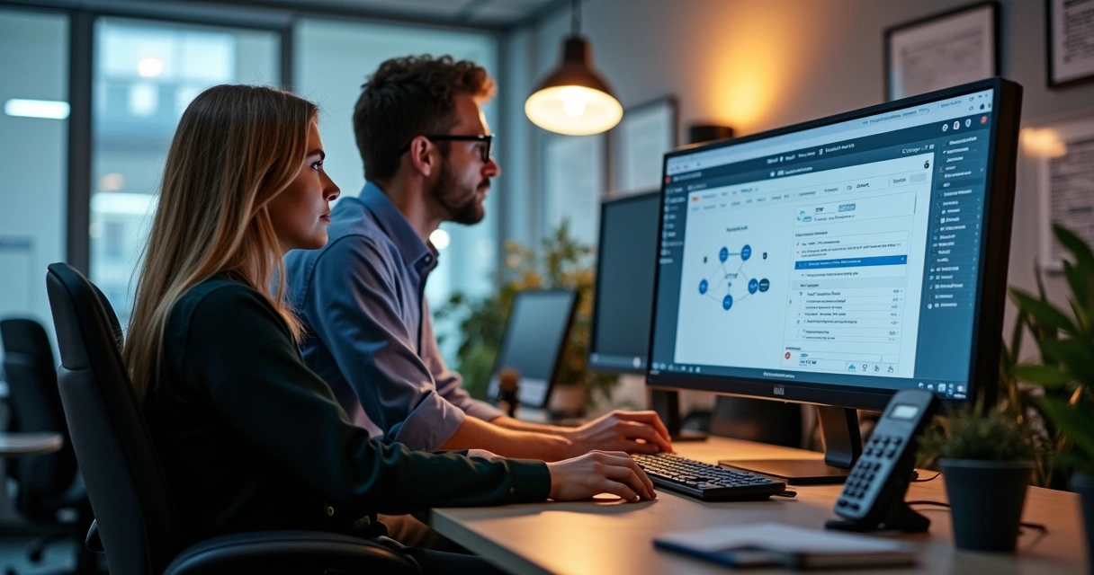 Equipe de suporte técnico atendendo usuário de sistema industrial 