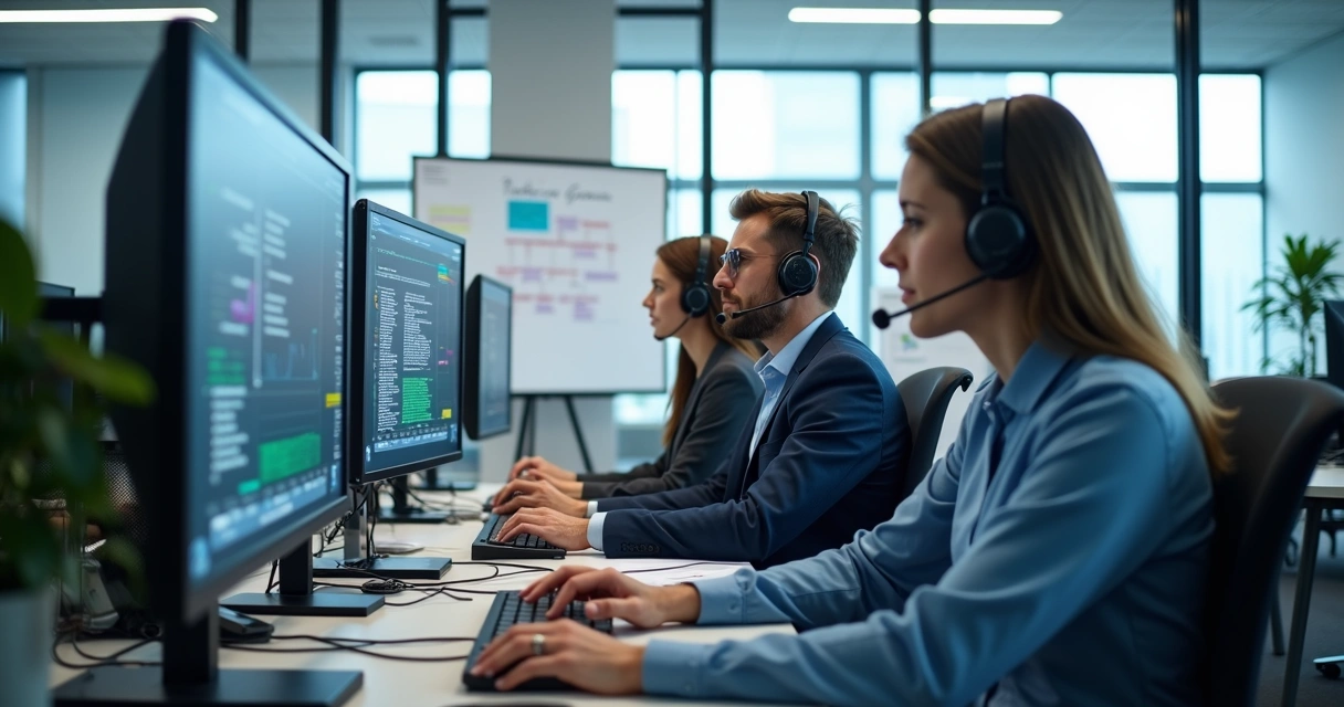 Equipe de suporte técnico T1 trabalhando em chamada de atendimento com múltiplos monitores e equipamentos de TI 