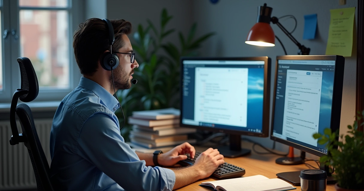 Profissional de suporte técnico auxiliando cliente no computador