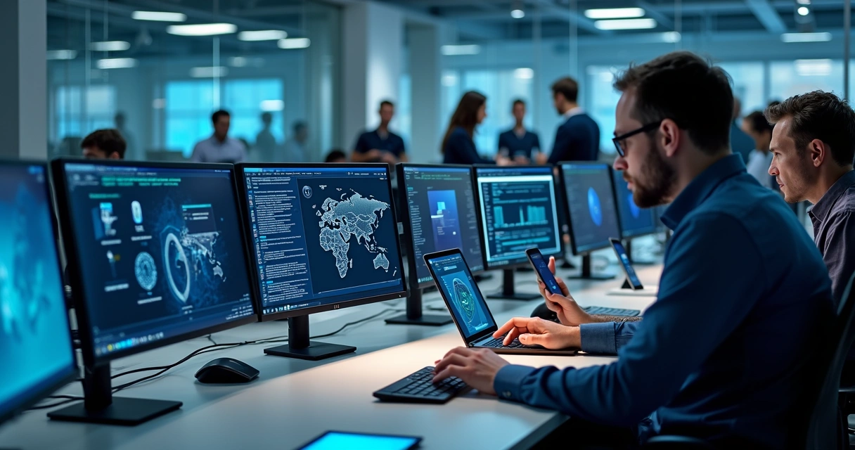 Profissionais de TI trabalhando em escritório moderno com múltiplos computadores e telas exibindo sistemas de gestão e cibersegurança. 