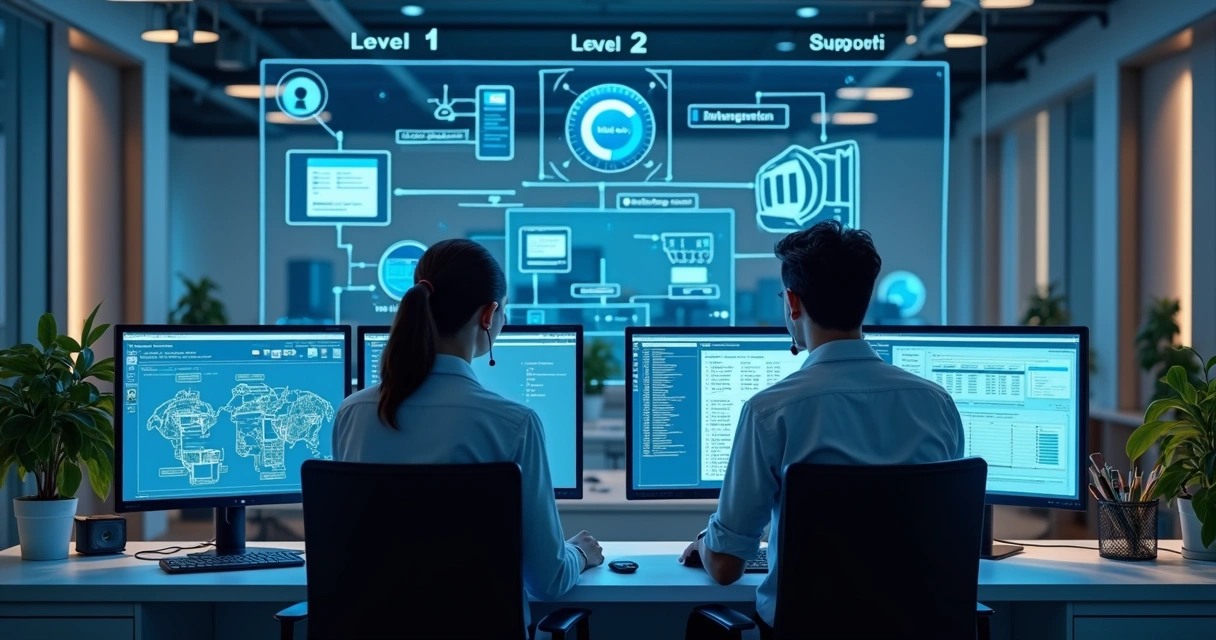 Profissionais de TI trabalhando em dois níveis de atendimento com computadores e telas exibindo gráficos e fluxos de trabalho detalhados 