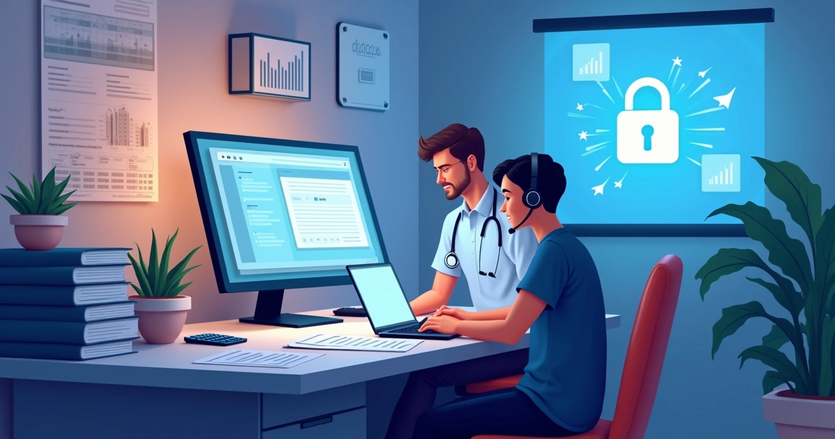 Ilustração de um escritório de suporte de TI mostrando um técnico auxiliando um cliente com um laptop.
