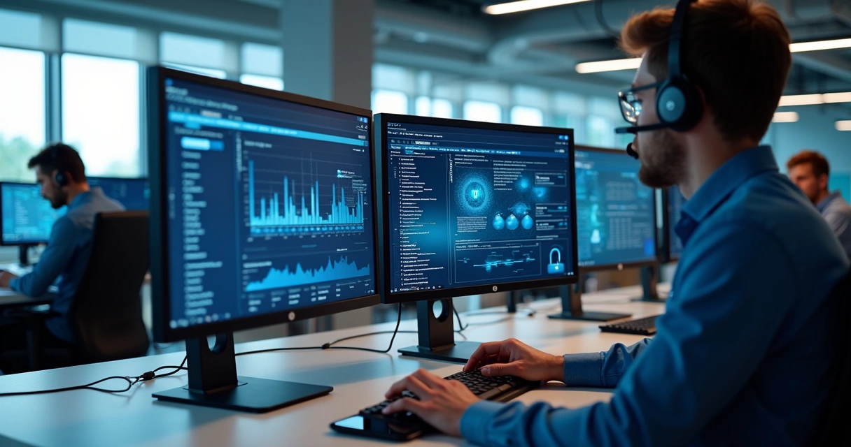 Equipe técnica de TI trabalhando em computadores com monitores mostrando gráficos e esquemas de segurança em ambiente de escritório moderno e iluminado 