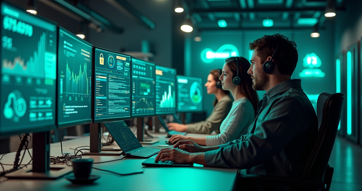 Equipe de profissionais de TI trabalhando com múltiplos computadores e telas mostrando gráficos e códigos de monitoramento remoto 
