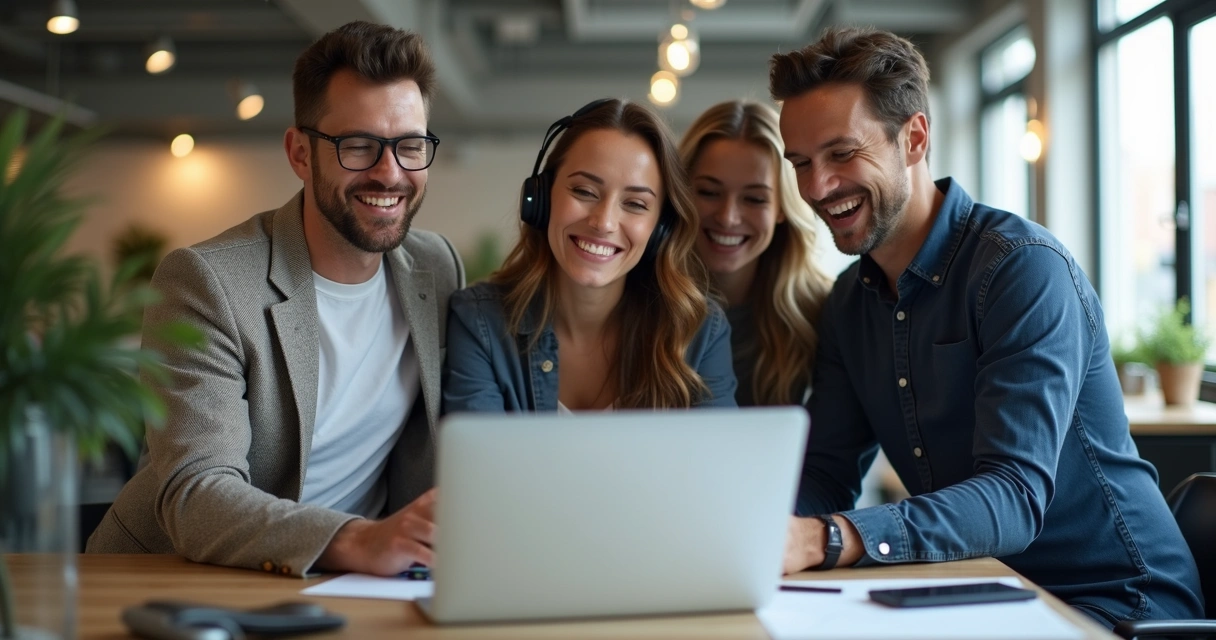 Equipe feliz após suporte TI bem-sucedido