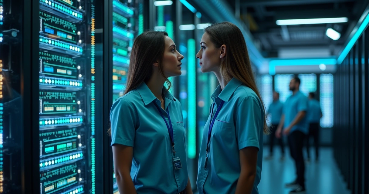 Especialista de TI trabalhando em datacenter monitorando sistemas empresariais 