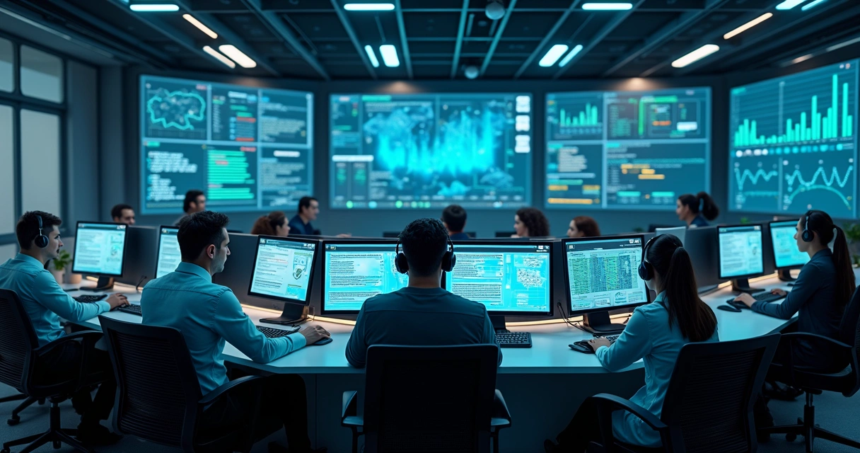 Equipe de profissionais de TI em um centro de controle moderno monitorando redes e servidores 