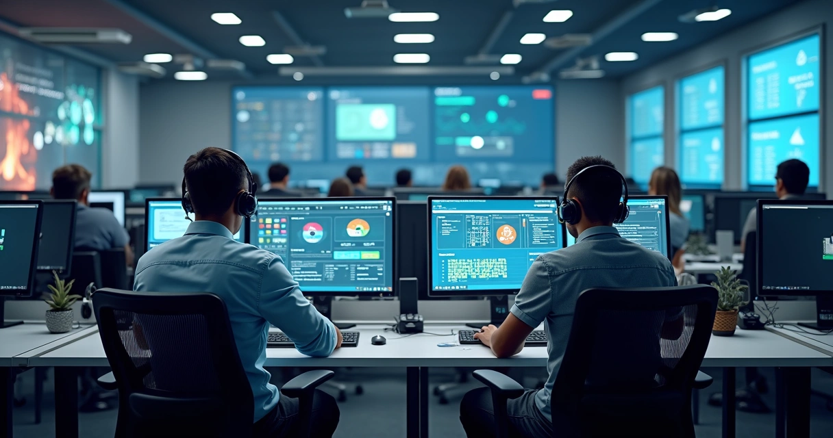Equipe de técnicos de suporte de TI trabalhando em computadores com telas de monitoramento e gráficos 