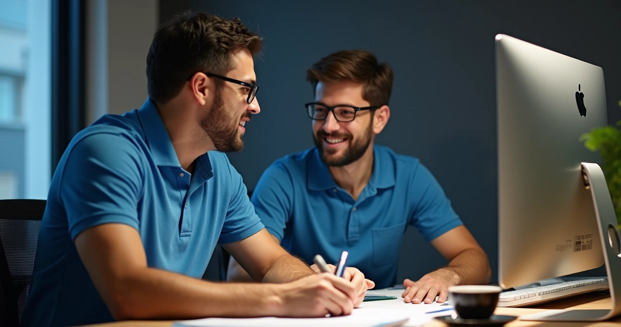 Técnico de TI sorrindo ao lado de contador em mesa de trabalho 