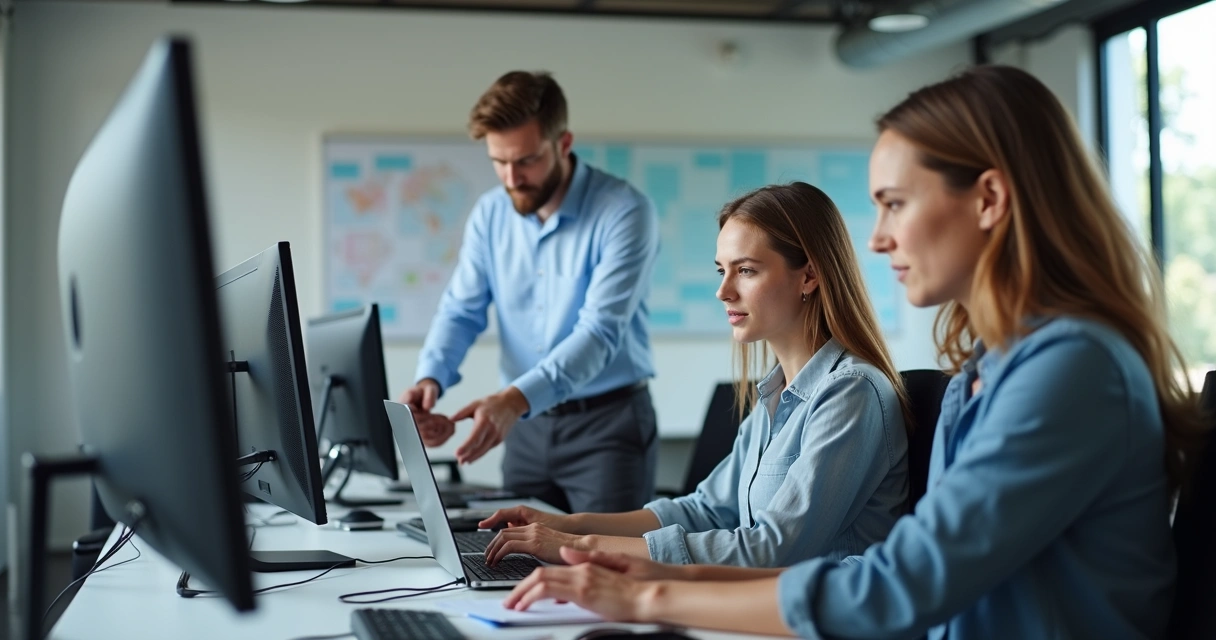 Equipe de escritório contábil contando com suporte de TI e computadores conectados à rede 
