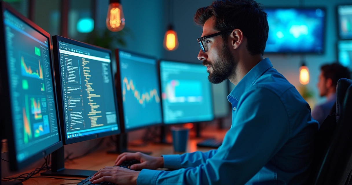Técnicos de TI trabalhando em computadores com múltiplos monitores e equipamentos de rede em escritório moderno 