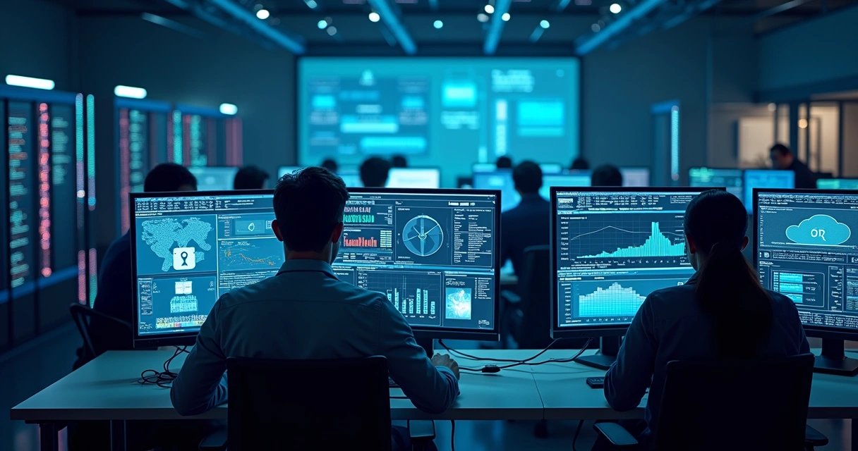 Equipe de profissionais de TI trabalhando com múltiplos monitores exibindo gráficos, servidores e sistemas de segurança digital 