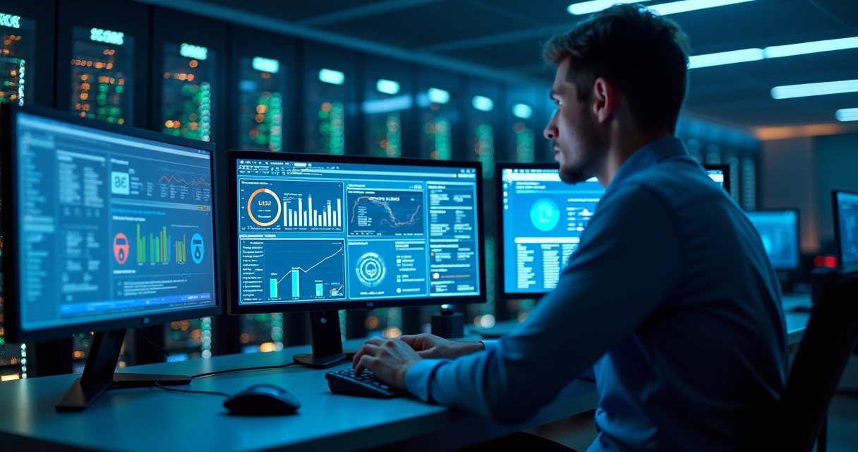 Profissional de TI monitorando servidores em sala de data center com telas e gráficos de segurança digital 