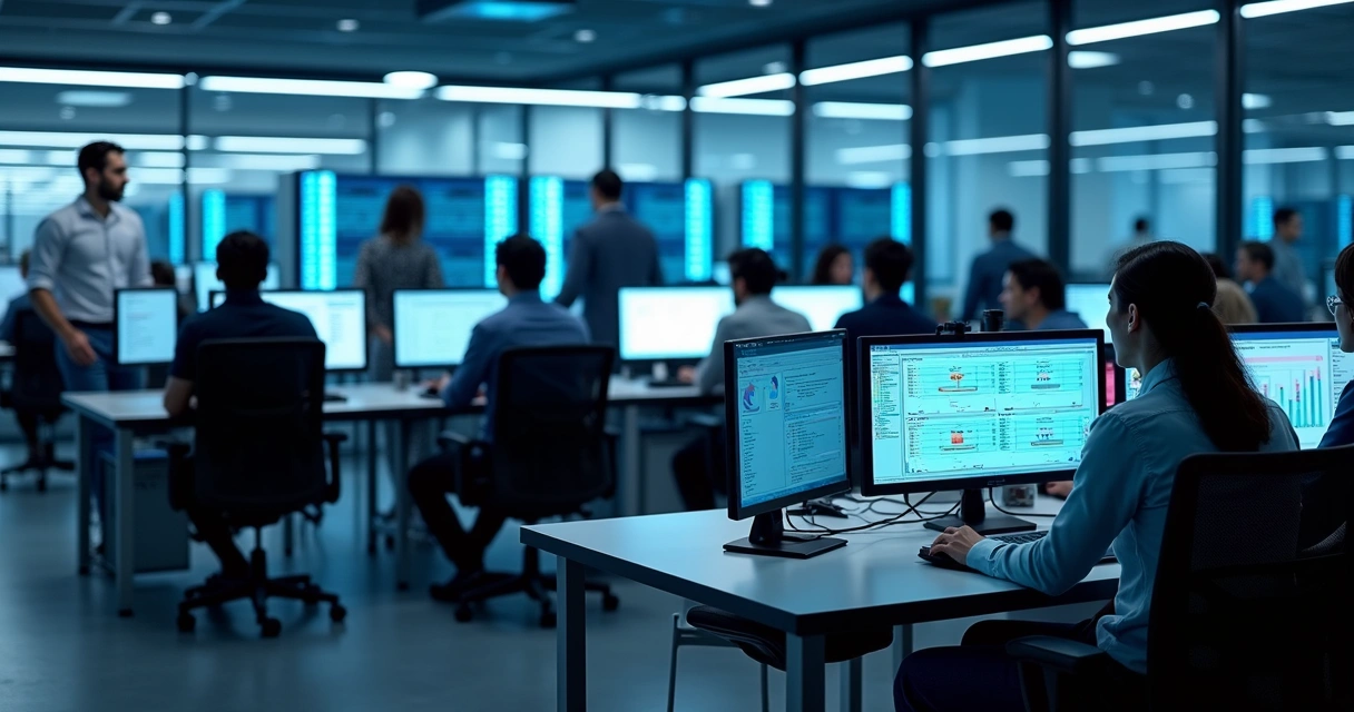 Técnicos em TI trabalhando em computadores no escritório, servidores ao fundo