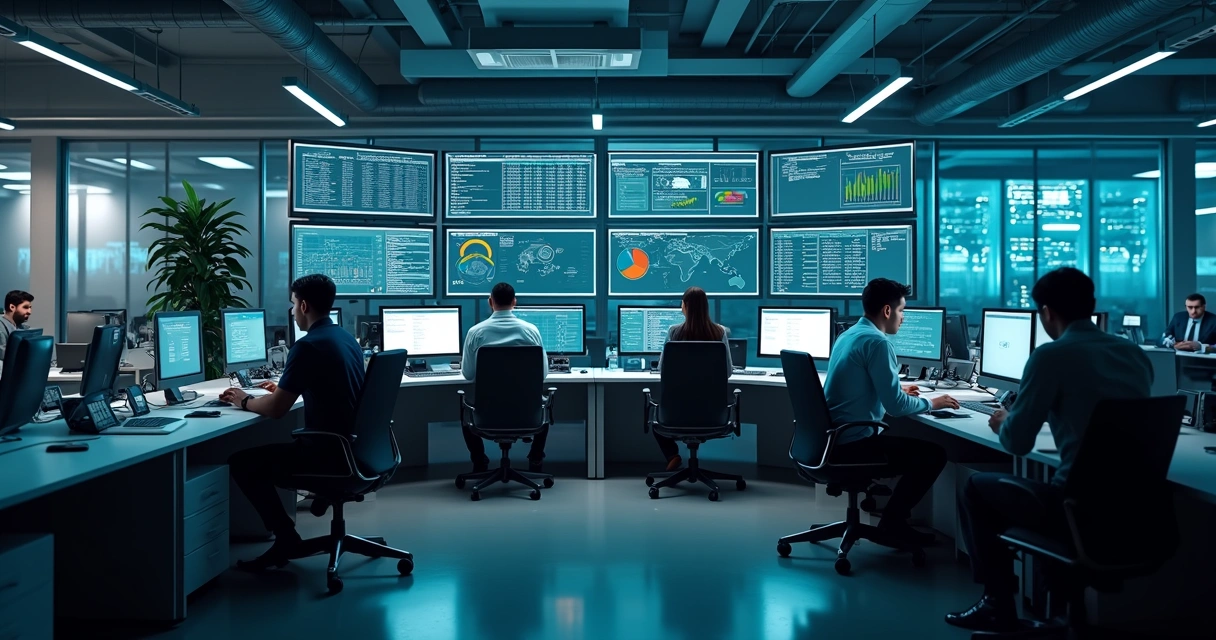 Equipe de profissionais de TI trabalhando em computadores com múltiplas telas e gráficos de monitoramento de sistema em ambiente moderno de escritório 