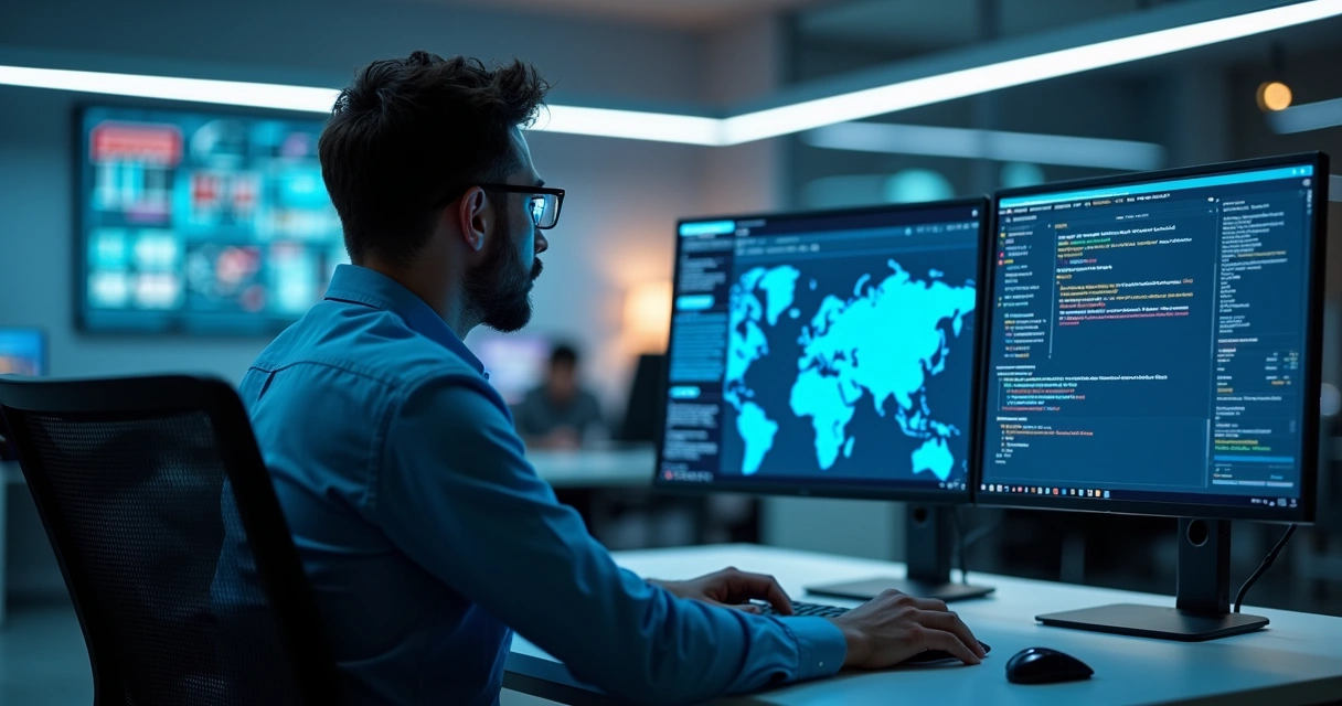 Especialista de TI trabalhando remotamente em monitor com gráficos e janela de chat 
